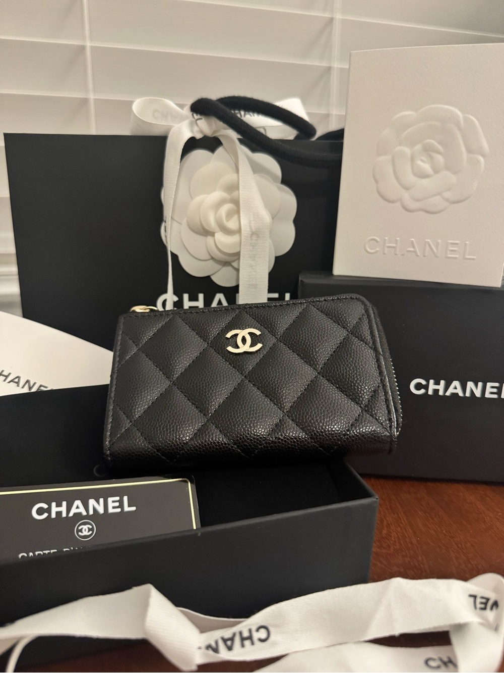 CHANEL Black Quilted Caviar Leather Zip Card Case with Gold CC